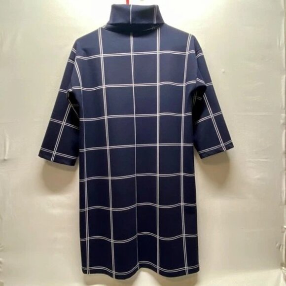 LOFT Ann Taylor Shift Dress Women's Small Navy White Grid Turtleneck Midi EUC - Picture 6 of 11